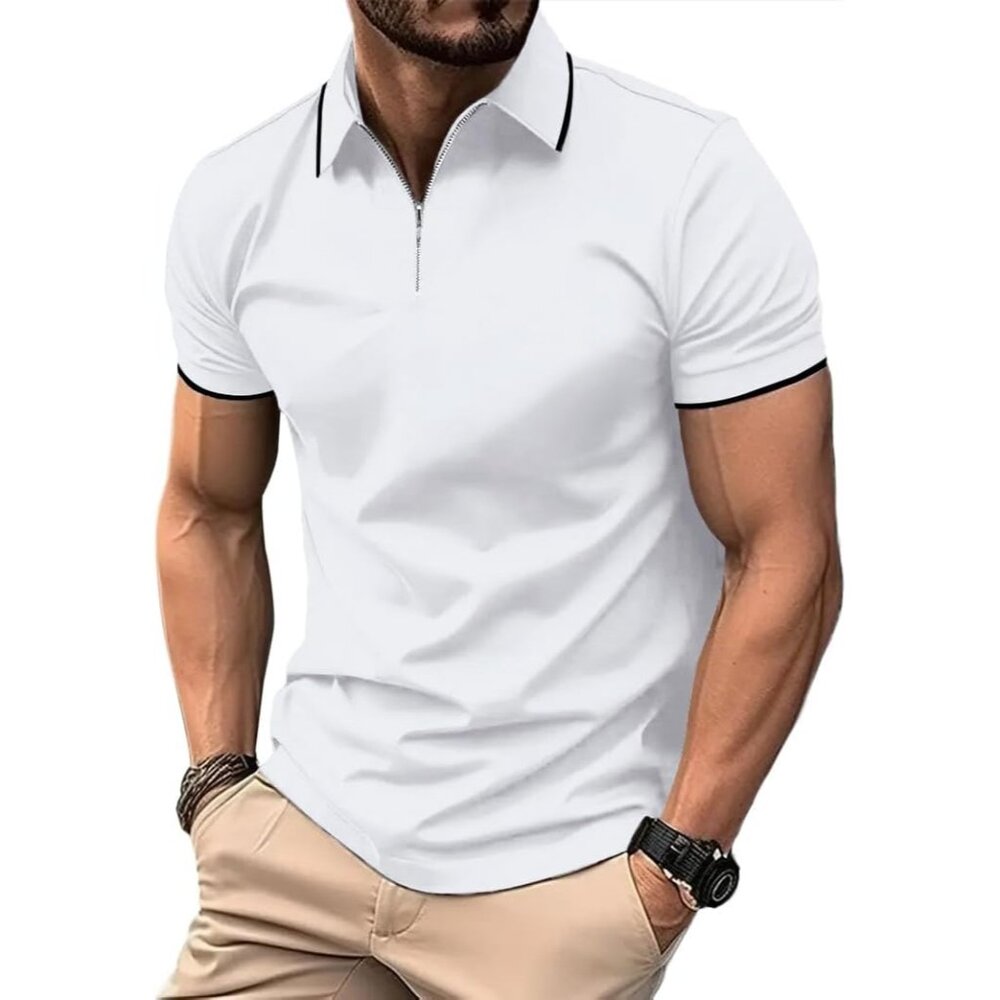 💫 Men White Casual Classic Short Sleeve Contrast Collar Quarter Zip T Shirts